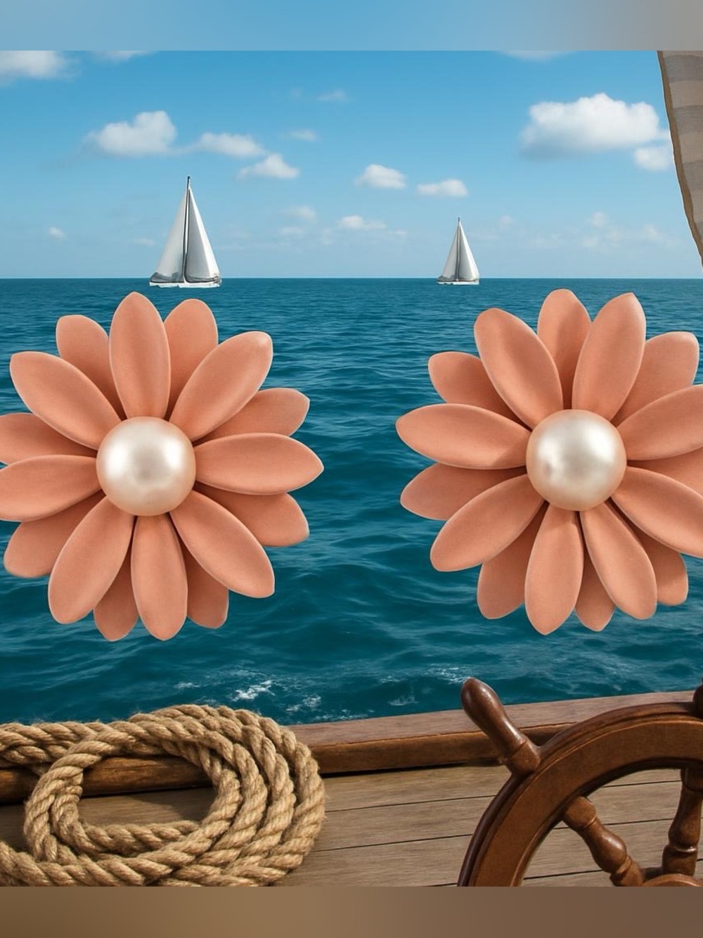Matte finish air brush pink daisy earrings with pearls